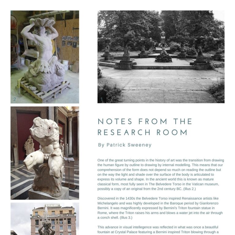 Notes from the Research Room #2 Magazine style image with images in a column down the left side. A wider column on right has one image top showing statues round a fountain.