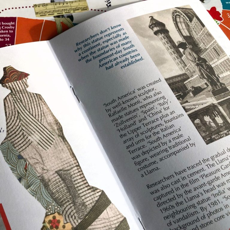 Secrets of the Sculptures booklet Centre page of a booklet with text and photo on right and collage image on the left