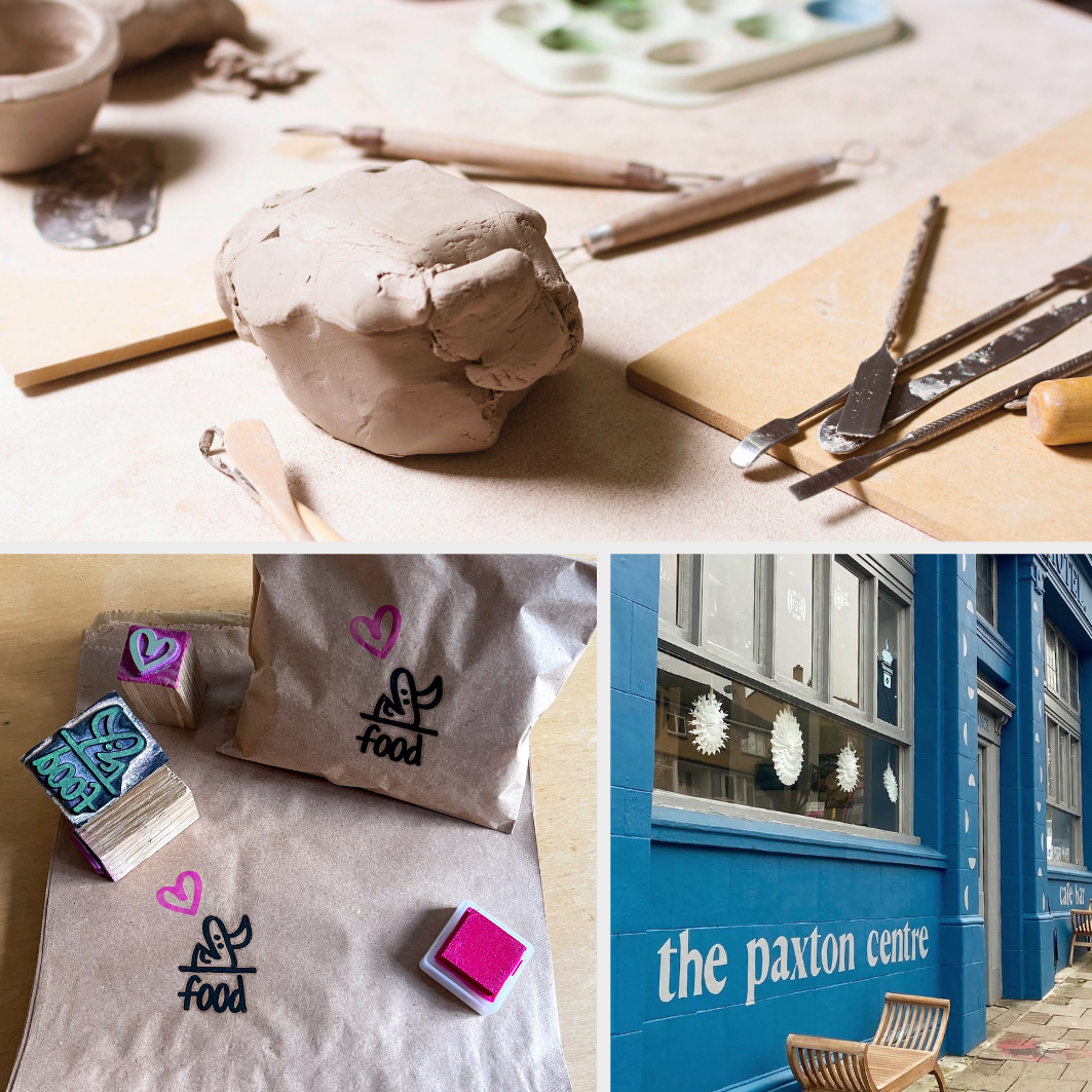 Make it Monday collage Top image shows a ball of clay on table with clay tools and board. Below paper bags and printing stamps. Blue painted building exterior.
