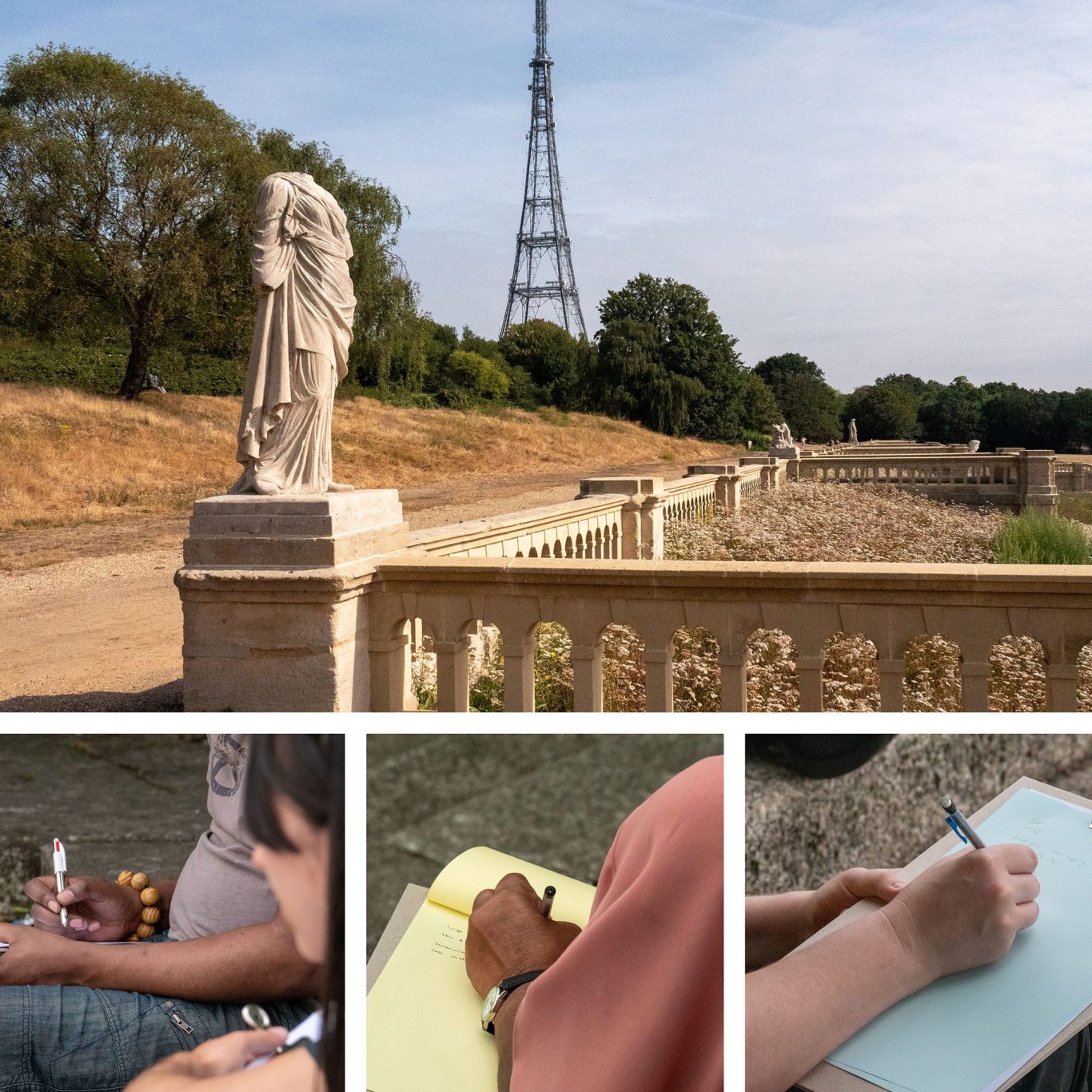 Park views and people writing A collage of images. Top - stone balustrade with headless draped female statue. Below are three images showing peoples hands writing outside