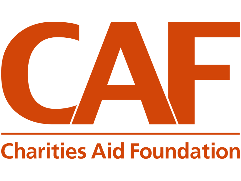 CAF Charities Aid Foundation White background and large red letters CAF with narrow red line underneath. Below that in the same red - Charities Aid Foundation.
