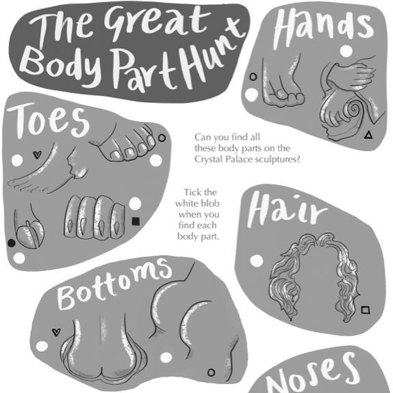 The Great Body Part Hunt Grey organic shapes contain drawn images of body parts of sculptures.