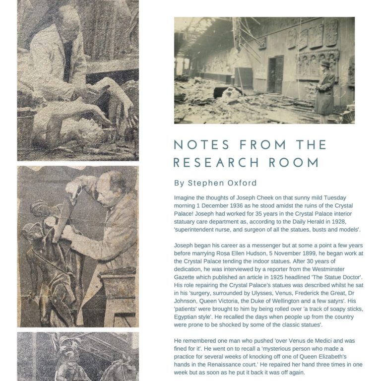 Notes from the Research Room #3 Magazine style image with images in a column on left side. Wider column on right has one image centre top showing interior of damaged room.