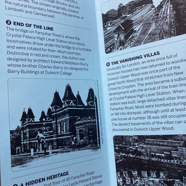 Short walk #3 Inside of simple leaflet with black images and text on a blue background.