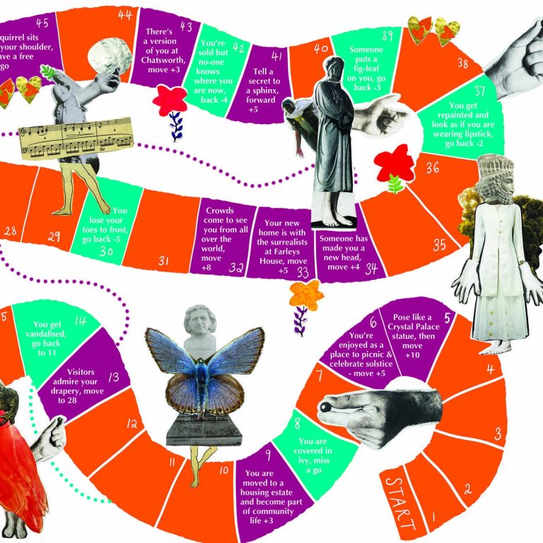 Secrets of the Sculptures board game Graphic design of board game with snaking path of numbered steps. Surrealist collage images stand on occasional steps.