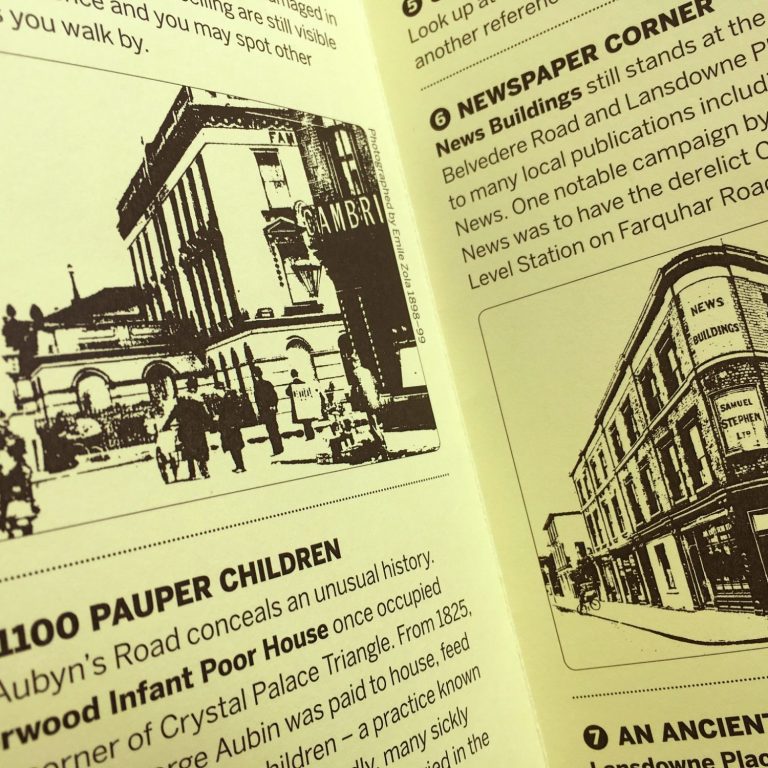 Short walk #1 Inside of simple leaflet with black images and text on a yellow background.