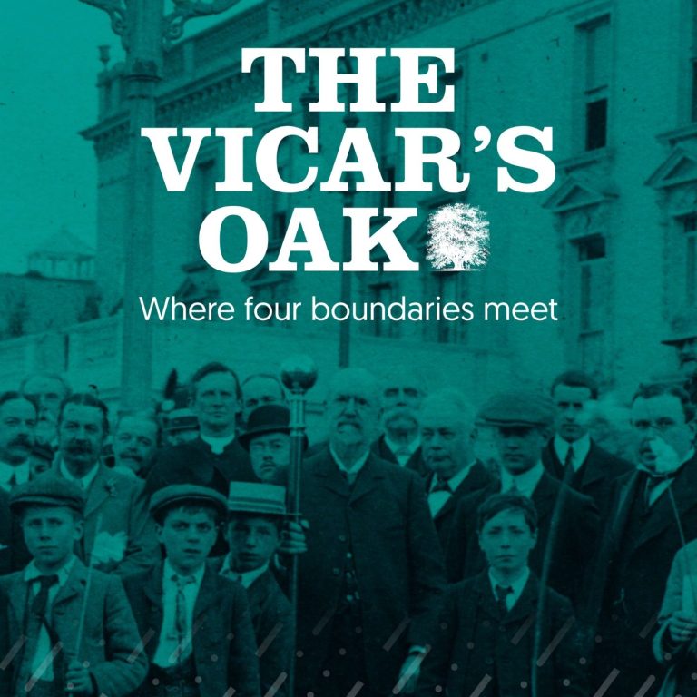 The Vicar's Oak leaflet THE VIACRA'S OAK in white writing on a green background over an archive image of men and boys looking at camera.