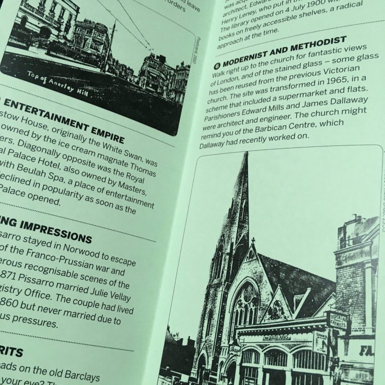 Short walk #2 Inside of simple leaflet with black images and text on a green background.